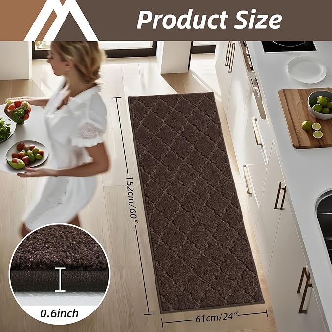 COSY HOMEER-Kitchen-Rugs-Non-Slip-Washable 24"x60" Absorbent Kitchen Runner Rug Polyester Kitchen Mats for Floor Soft Standing Floor Mats for Sink Mat,Hallway,Laundry,Brown