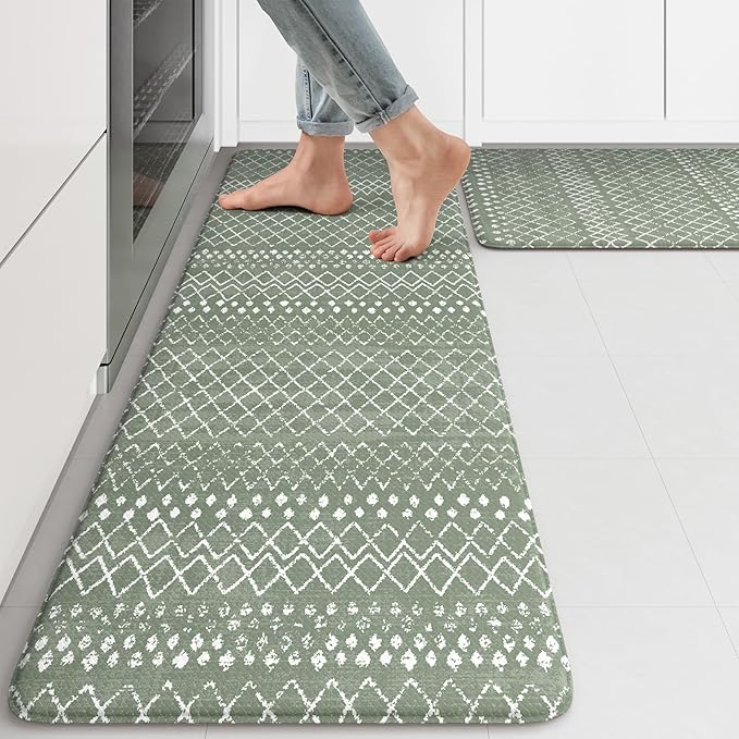 KIMODE Kitchen Mats for Floor Anti Fatigue, Green Boho Kitchen Rugs Sets of 2, Cushioned Kitchen Floor Mats, Comfort Standing Mat for Sink Laundry Office Desk 17"x47"+17"x29"