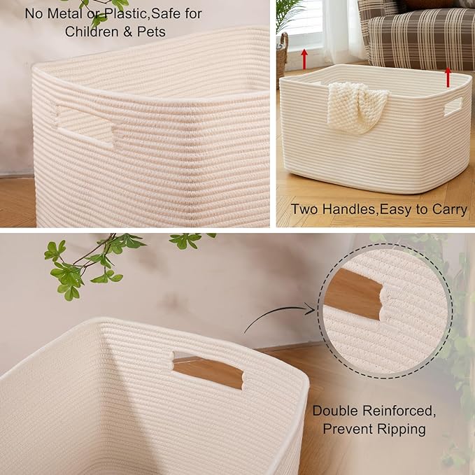OIAHOMY 75L Large Blanket Basket, Woven Cotton Rope Baskets for Organizing, 22”x17”x12”, Blanket Basket living Room, Bedroom, Nursery, Dog Toy Storage Bins, White
