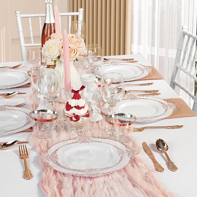 350PCS Rose Gold Plastic Plates for 50 Guests, Disposable Dinnerware Sets Include 100 Rose Gold Rim Plastic Plates, 50 Silverware and Cups, 50 Pre Rolled Napkins for Party, and Graduation