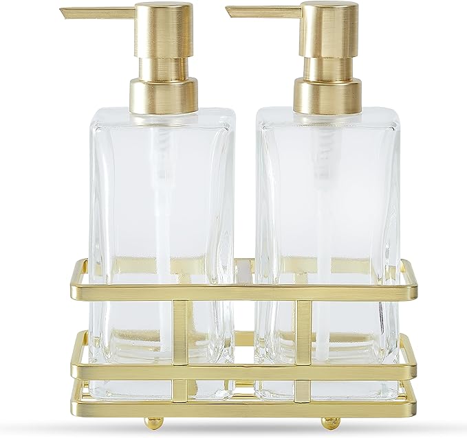 Square Glass Clear Lotion and Soap Pump Dispenser Set with Metal Stand Caddy for Bathroom Bath Kitchen Home Office Travel Hotel Hand Crafted Heavy Weight Brushed Gold
