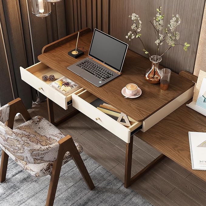 Lartis Extendable to 70" Solid Wood Desk, Storage Study Table with Side Unit, Multifunctional Workbench, Modern Office and Study Computer Desk