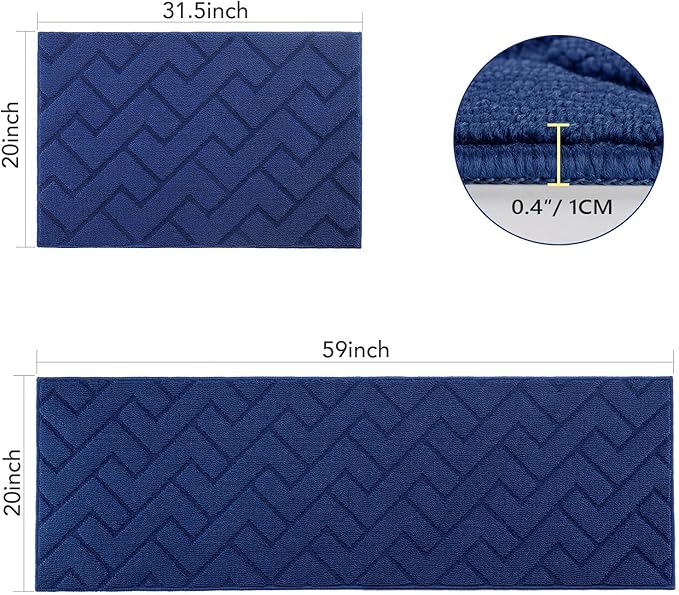 hicorfe Kitchen Runner Rug and Mats Sets,2 Pieces Super Absorbent Polypropylene Non-Slip Rug,Soft Comfort Floor Mat,Washable for Kitchen,Hallway,Office,Sink,Laundry(20" x 31.5"+20" x 59",Navy Blue)