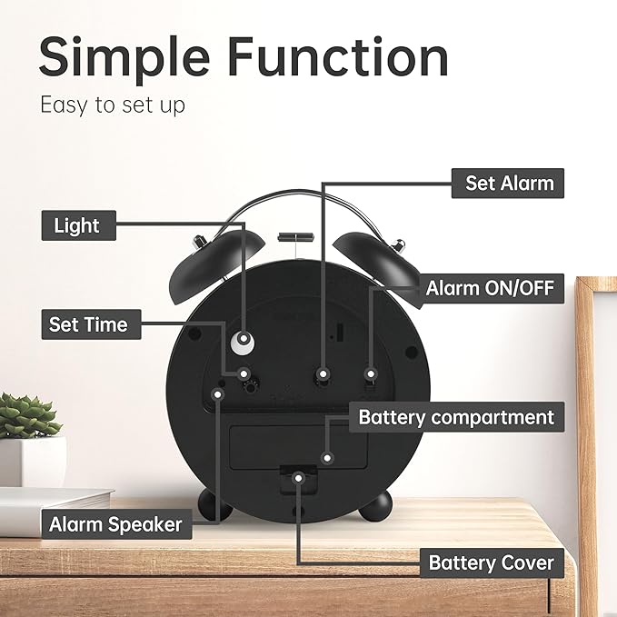 Twin Bell Loud Alarm Analog Alarm Clock, 4 inch Super Silent Non Ticking Small Clock with Night Light, Battery Operated, Simple Design, Old Fashioned, for Heavy Sleeper, Bedroom, Bedside, Desk, Black