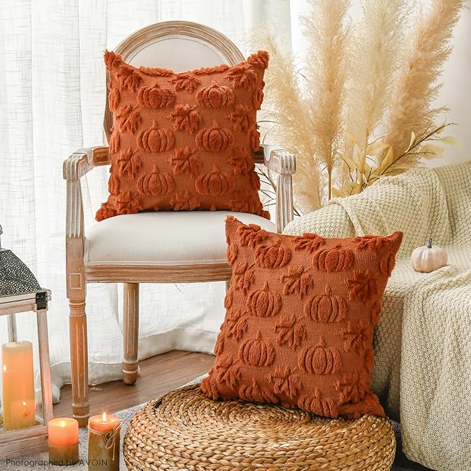 AVOIN colorlife Fall Pumpkin Maple Leaves Caramel Throw Pillow Covers, 18 x 18 Inch Seasonal Autumn Thanksgiving Harvest Soft Plush Faux Fur Jacquard Cushion Case Decoration for Sofa Set of 2