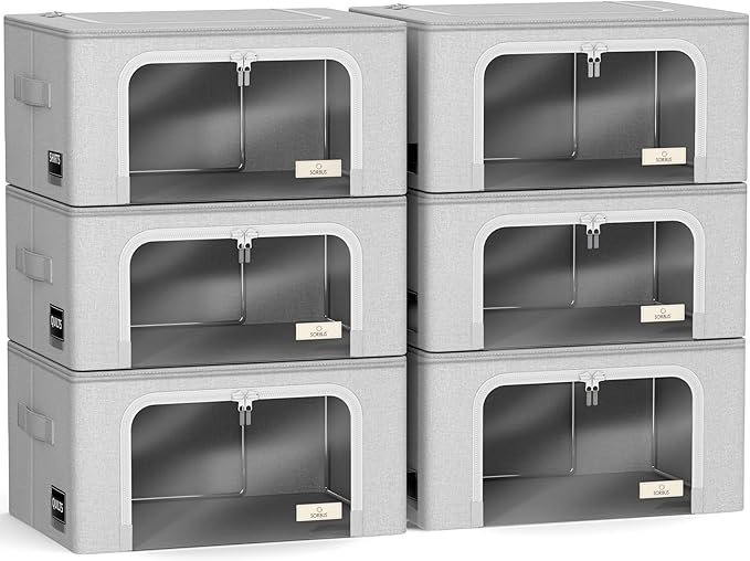 Sorbus Storage Bins with Metal Frame - Stackable & Foldable Clothes Organizer Bags - Oxford Fabric Storage Containers with Large Clear Window & Carry Handles, Bedroom Organization for Bedding & Linen