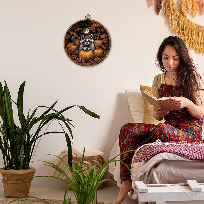 Mcehtle Moody Fall Raccoon and Pumpkins Wall Art Decor, Vintage Autumn Nature Cozy Fall Framed Canvas Prints 10x10, Rustic Woodland Scene Round Wall Hanging Artwork Decorations for Home Living Room