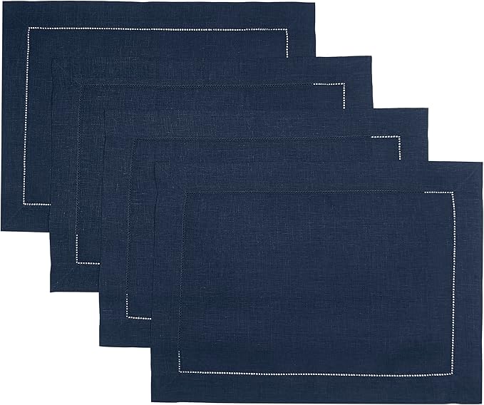 D'Moksha Homes Linen Placemats Set of 4 - Classic Hemstitch Navy Blue Placemats 14 x 19 Inch - 100% Pure Linen Table Mats for Fall, Autumn and Halloween - Handcrafted and Machine Washable
