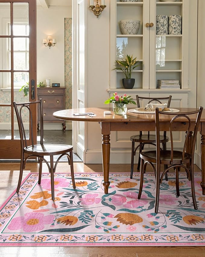 Beeiva Pink Flower 5x7 Rugs for Bedroom Girls, Nursery Rug for Dorm Carpet with Low-Pile Non Slip, Soft Floral Indoor Ultra-Thin Carpet for Classroom Living Dining Room Décor (Pink,5'x7')