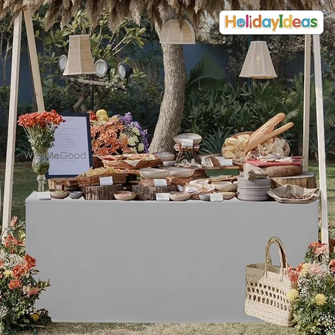 HolidayIdeas Open Back Fitted Tableclothss for 8 Foot Rectangle Table, Wrinkle Resistant Washable Table Covers 96x30 Inch for Craft Fairs, Banquets, Trade Show Display, Siver Grey,4 Pcs