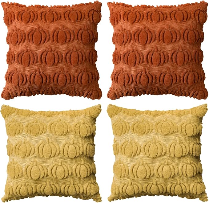 AVOIN colorlife Fall Pumpkin Caramel Ginger Throw Pillow Covers, 18 x 18 Inch Seasonal Autumn Thanksgiving Harvest Soft Plush Faux Fur Jacquard Cushion Case Decoration for Sofa Set of 4