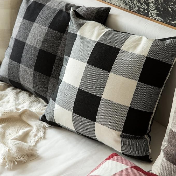MIULEE Halloween Pack of 2 Classic Farmhouse Buffalo Check Plaids Polyester Linen Solid Black and White Decorative Throw Pillow Covers Home Decor Outdoor Cushion Case for Sofa Bedroom 16 x 16 Inch