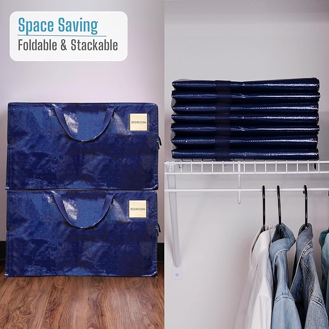 VENO 10 Pack Moving and Storage Bags, Heavy Duty, Alternative to Moving Boxes, Large Packing Totes Supplies for College Dorm Room with Zipper for Clothes, Wide Open Design (Blue, 10 Pack)