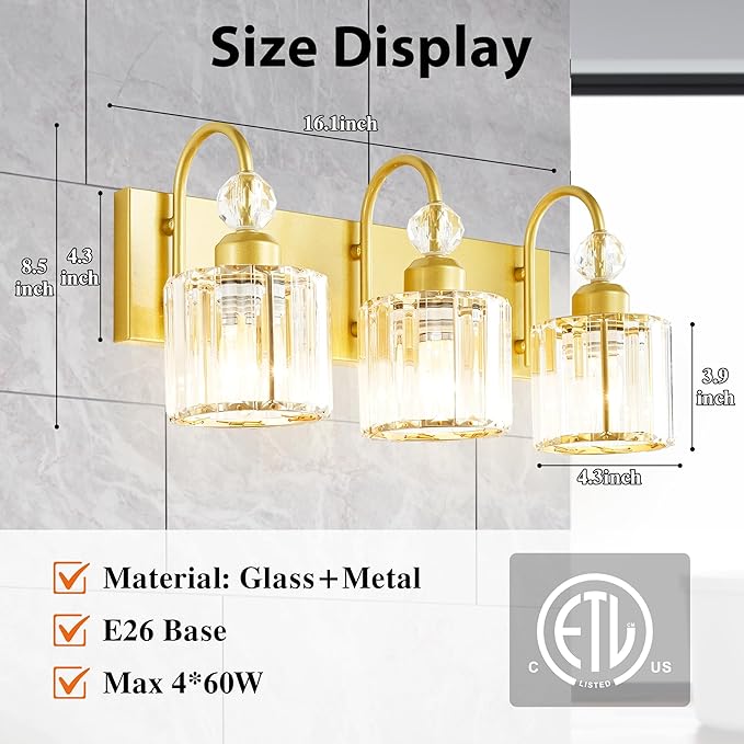 Bathroom Vanity Light Fixtures Over Mirror - Makeup Lighting Pure Gold - for Modern Wall, Bath, Desk, Farmhouse, Hallway 3 Crystal Lights
