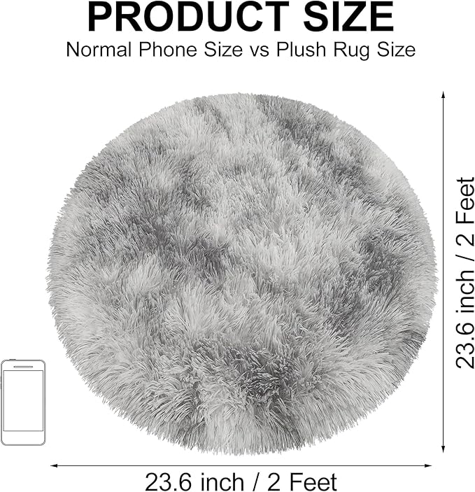 Tie Dye Grey Round Rugs Small 2x2 ft Fluffy Circle Rug Furry Carpet Shaggy Circular Fuzzy Plush Area Rug for Girls Bedroom Kids Room Nursery Cute Room Decor Chair Cushion Pet mat Doormat