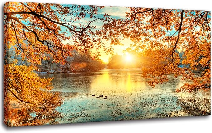 Yxbhhym-Landscape Tree Canvas Wall Art Fall Forest Sunset Wall Decor Poster Lake Water Pictures for bedroom wall décor Natural Scenery Paintings Artwork Large Living Room Decor Home Office Decoration