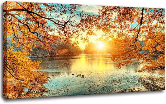 Yxbhhym-Landscape Tree Canvas Wall Art Fall Forest Sunset Wall Decor Poster Lake Water Pictures for bedroom wall décor Natural Scenery Paintings Artwork Large Living Room Decor Home Office Decoration