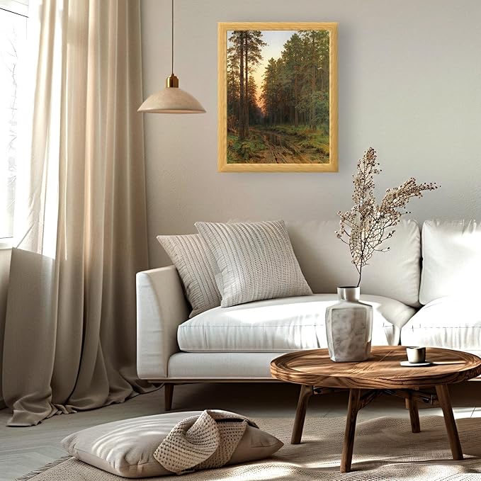 Brivoria Framed Canvas Wall Art Vintage Decor, Majestic Autumn Forest Landscape with Pine Trees, Sunset Shadows and Golden Reflections for Living Room Bedroom Fireplace or Gallery Display, 16"x20"