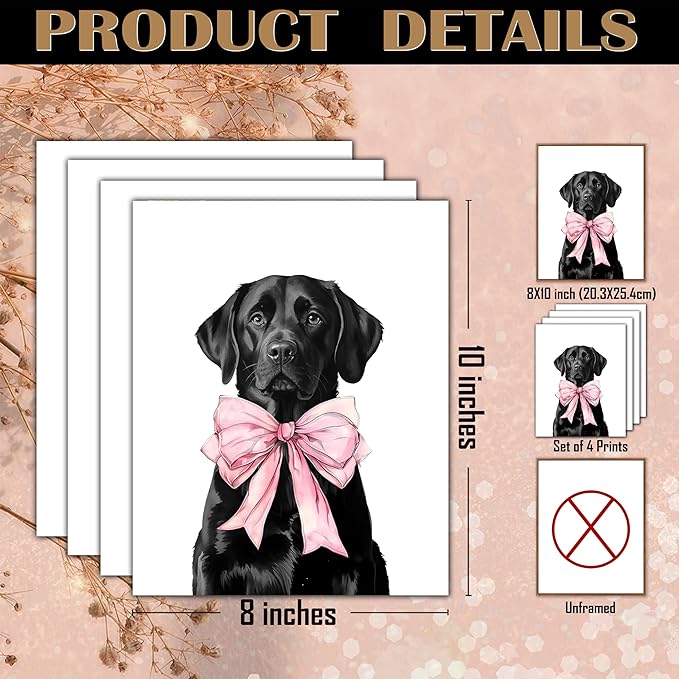 FITIE Funny Black Labrador Retriever Bathroom Wall Art Posters Set of 4, Dog Bathroom Decor, Coquette Bow Humor Black Lab Dog Canvas Prints Artwork Wall Decor for Bath Wash Room, 8x10 Unframed