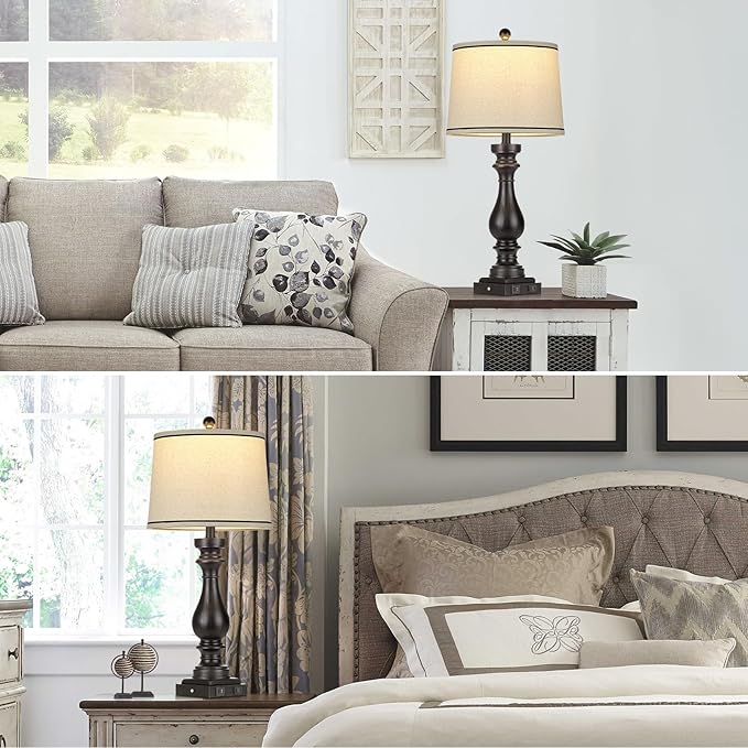 27.5" Farmhouse Table Lamp for Living Room,Vintage Bedside Nightstand Lamp with USB C+A Ports & AC Outlet,3-Way Dimmable Touch Control Retro Black Desk Lamp for Bedroom,Single Black