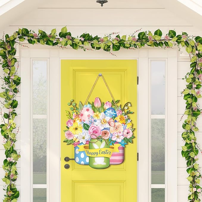 Spiareal Easter Wooden Hanging Door Sign - Floral Spring Decor for Front Door, Indoor/Outdoor Rustic Easter Party