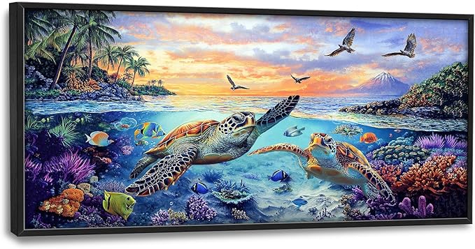 Framed Large Sea Turtle Wall Art for Living Room, Oversized Ocean Turtle Wall Decor Seascape Underwater Marine Life Canvas Painting Home Decoration for Living Room Bedroom Office 60"x30"
