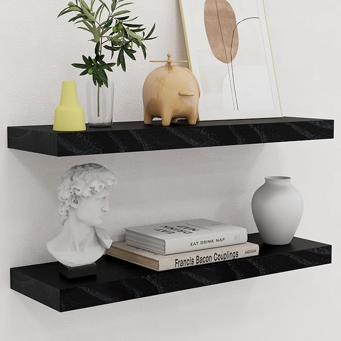 24 Inch Black Floating Shelves for Wall, Solid Wood Wall Shelves Set of 2, Modern Black Shelves Display Ledge Shelves for Bedroom Bathroom Living Room Kitchen Decoration Storage - Black