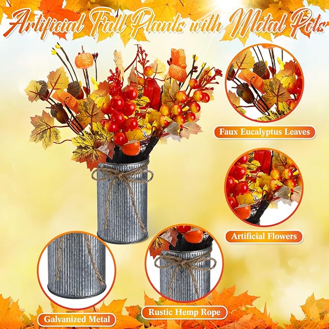 Zeyune 3 Sets Fall Thanksgiving Table Centerpiece Decoration Harvest Artificial Flower Stem Pumpkin Maple Berry Pick with Metal Pot for Autumn Rustic Farmhouse Home Kitchen Dining Indoor Decoration