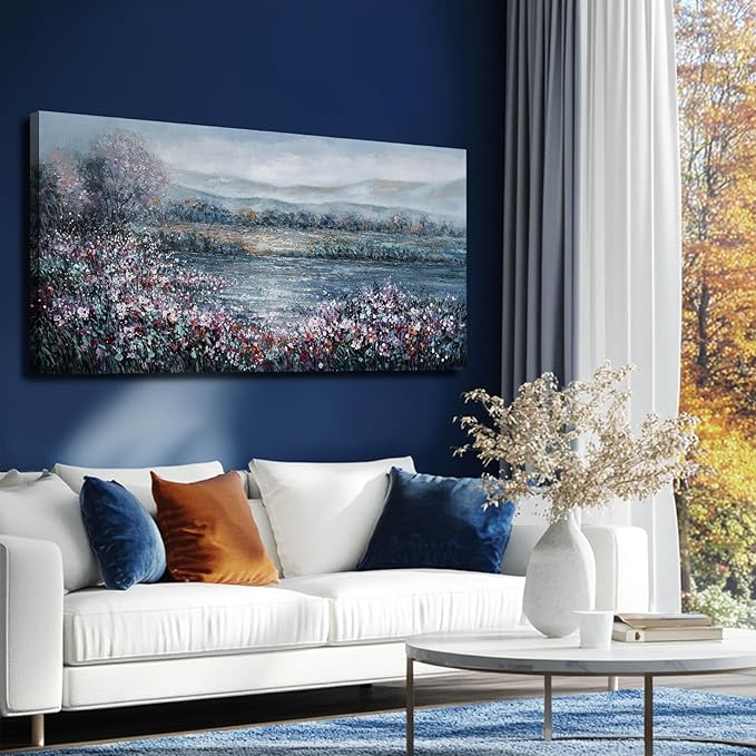 CHUDANHAO Abstract Wall Art for Bedroom White Wall Decor Purple Flower Artwork Landscape Wall Paintings 24"x48" Navy Blue Pictures for Walls