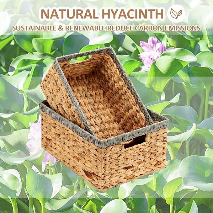 Wicker Baskets for Storage 2 Pack, Water Hyacinth Storage Baskets with Built-in Handles, Large Wicker Storage Baskets for Shelves & Organizing, Natural with Grey, Size L & M