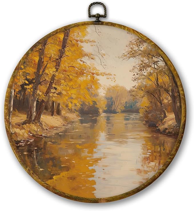 Mcehtle Vintage Fall Wall Art Decor, Rustic Nature Autumn Tree Landscape Framed Canvas Prints 10x10, Farmhouse Fall Seasonal Round Wall Hanging Artwork Decorations for Bedroom Living Room Home