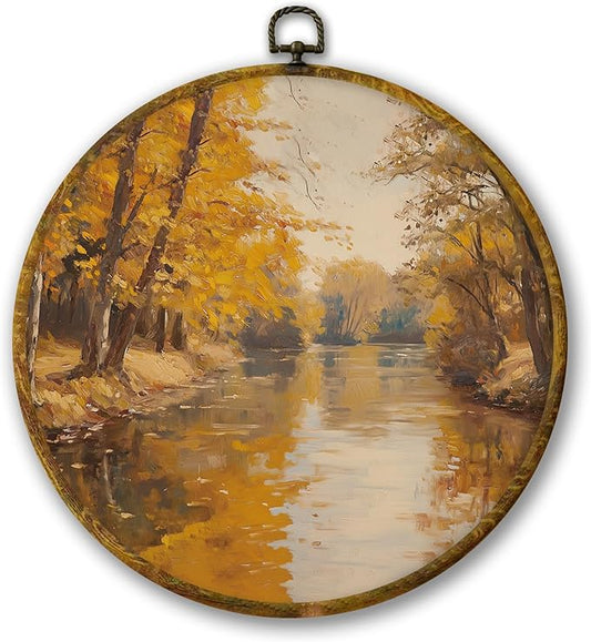 Mcehtle Vintage Fall Wall Art Decor, Rustic Nature Autumn Tree Landscape Framed Canvas Prints 10x10, Farmhouse Fall Seasonal Round Wall Hanging Artwork Decorations for Bedroom Living Room Home