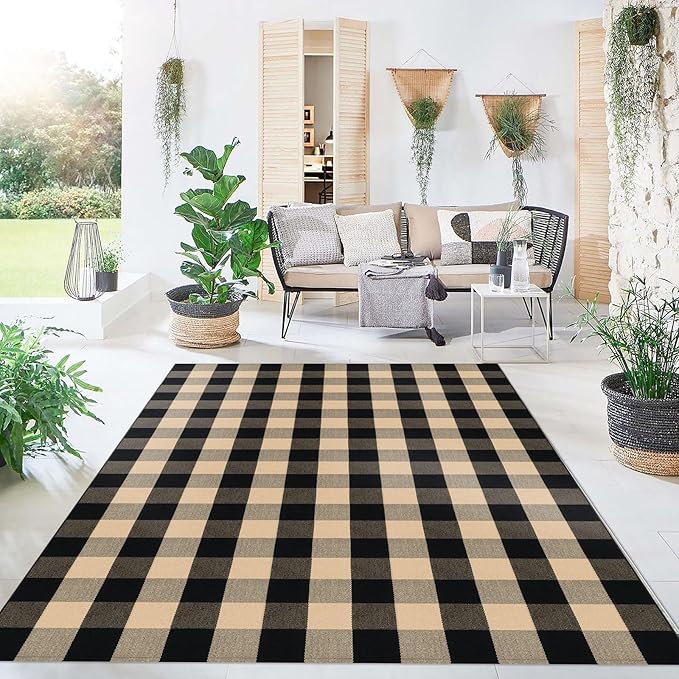 KOZYFLY Buffalo Plaid Area Rug 5 x 7 Ft Brown and Black Checkered Rug Washable Outdoor Patio Rugs Cotton Rugs for Living Room Carpet for Dining Room Bedroom Farmhouse
