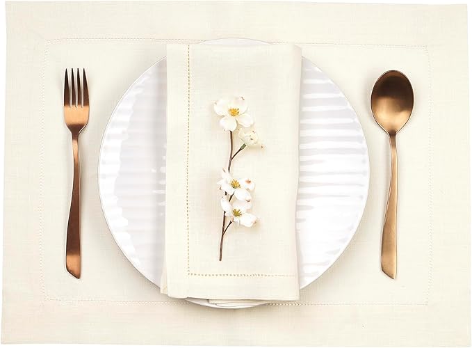 D'Moksha Homes Linen Placemats Set of 6 - Classic Hemstitch Ivory Placemats 14 x 19 Inch - 100% Pure Linen Table Mats for Fall, Autumn and Halloween - Handcrafted and Machine Washable