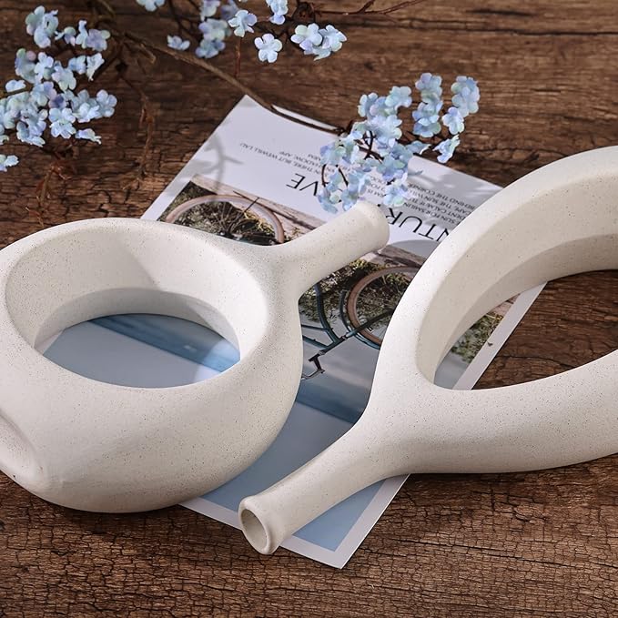 Off White Ceramic Hollow Elliptical Vase Set of 2 - Boho Circle Vase with Hole, for Modern Off White Table Decor, Living Room Decor Shelf mid Century Modern Home Entrance Decorative vase