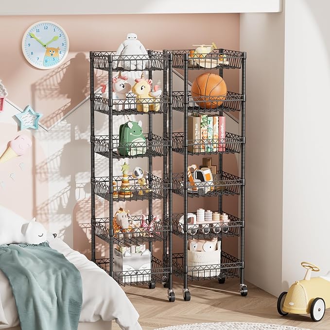 6 Shelves Storage Shelf Wire Closet Bathroom Organizers Metal Pantry Kitchen Garage Shelving Unit Laundry Room Organization Home Rack Net Basket Black with Wheels 14" Dx14 Wx64.8 H