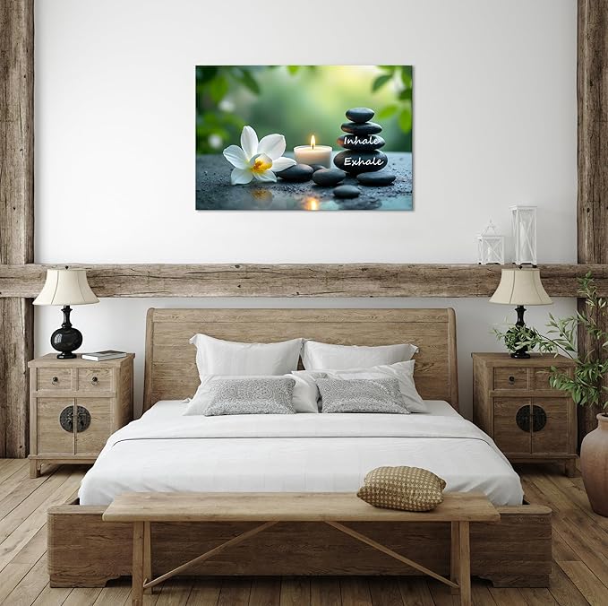 YIOZHAOFH Louts Wall Art Yoga Room Painting Zen Office Decor Women Spa Picture Calming Relax Canvas Prints Inhale Exhale Artwork Framed for Living Room Ready to Hang (28L x 44W)