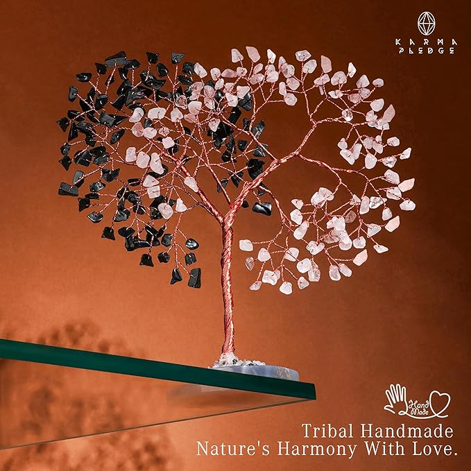Crystal Tree for Home and Office Decoration, Black Obsidian & Rose Quartz Healing Stones Handmade Tree of Life for Positive Energy, Money, Good Luck, Christmas Decor, Birthday Gifts for Women, Mom