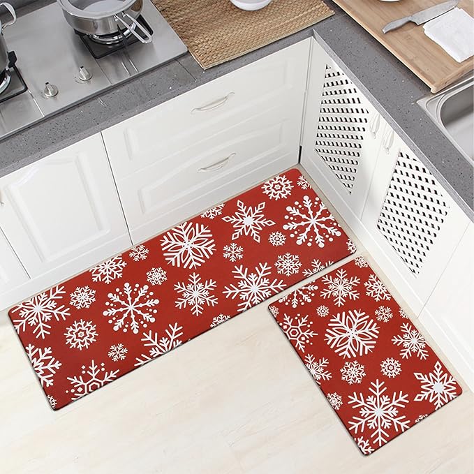 SHACOS Christmas Kitchen Rugs Set of 2 Anti-Fatigue Kitchen Mats Cushioned Red Christmas Kitchen Rugs White Snow Farmhouse Kitchen Mats and Rugs for Xmas 17x27.5+17x47, Snowflakes