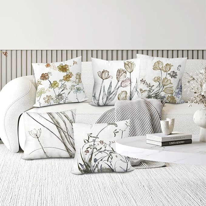 COMMINY Sage Green Flower Pillow Cover 18x18 Set of 6 Minimalist Modern Throw Pillow Cover Square Cushion Covers for Couch Sofa Living Room Home Decor