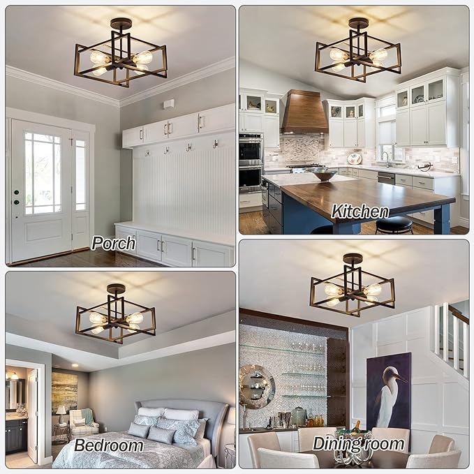 ZGLAOJT 4-Lights Close to Ceiling Light,Black Light Fixture Industrial Flush Mount Ceiling Light ,Farmhouse Chandelier Lighting for Kitchen Island Dining Room Bedroom Foyer Hallway