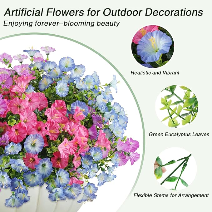 12PCS Artificial Flowers for Outdoor Decorations, Realistic Faux Silk Petunia Flowers for Outside, Fake Plants Morning Glory with Eucalyptus Porch Patio Planters Window Boxes Decor