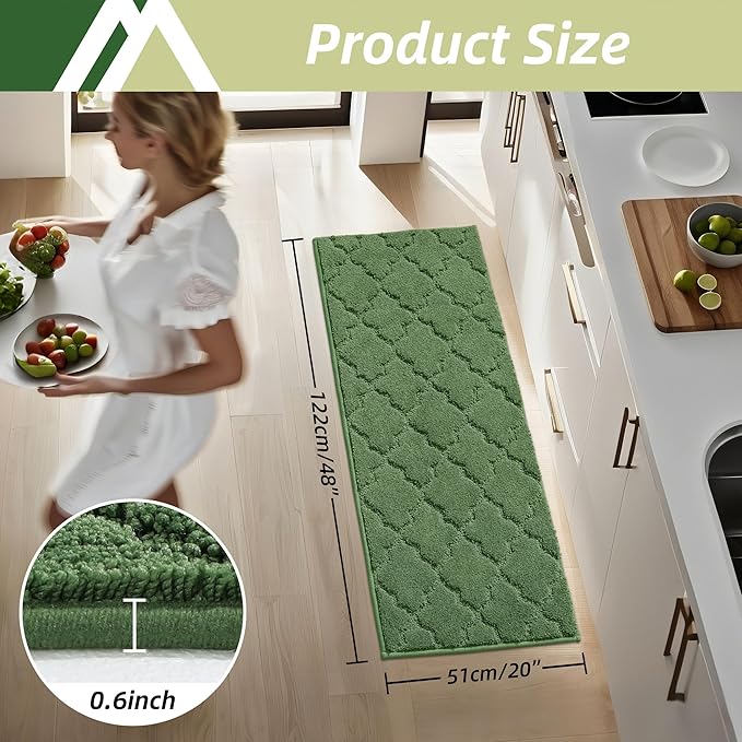 COSY HOMEER-Kitchen-Rugs 20"x48" Non-Slip Absorbent Soft Kitchen Runner Rug Polyester Kitchen Mats for Floor Washable Kitchen Standing Floor Mat for Sink Mat,Hallway,Laundry,Green