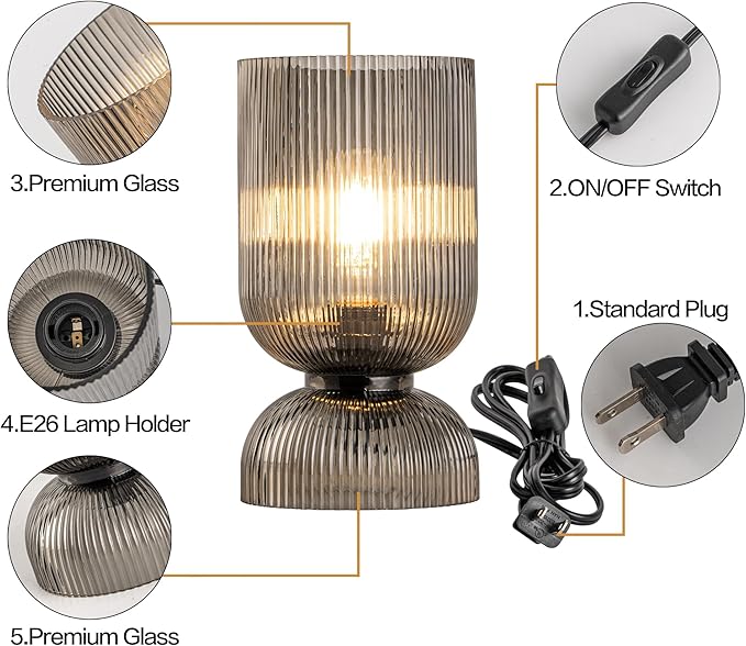 Modern Table Lamp,Glass Mid Century Lamp with Smoky Gray Glass Shade, Bedside Lamp with On/Off Switch, Minimalist Nightstand Lamp for Bedroom, Living Room, Office (Bulb not Included)