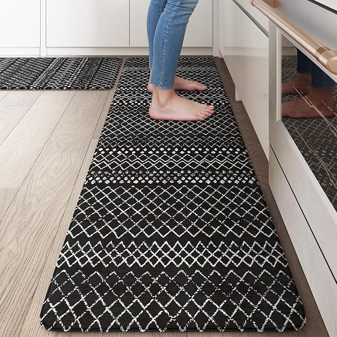KIMODE Kitchen Mats Cushioned Anti Fatigue, Black Farmhouse Kitchen Rugs Sets of 2, Padded Kitchen Floor Mats, Non Slip Standing Mats for Sink Laundry Office Desk 17"x59"+17"x29"
