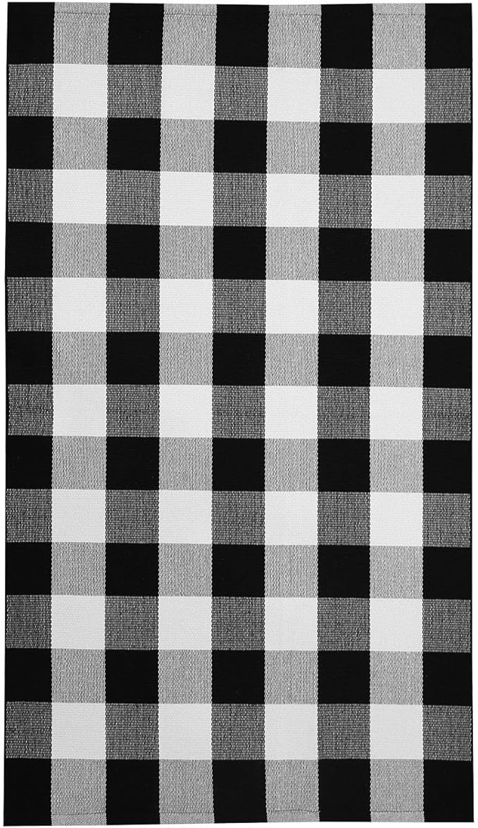 KOZYFLY Buffalo Plaid Area Rugs 3x5 Ft Black and White Checkered Rug Washable Front Door Mat Hand Woven Cotton Outdoor Rug Large Rug for Front Porch Kitchen Entryway Patio Bathroom