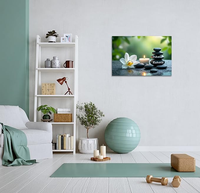 YIOZHAOFH Louts Wall Art Yoga Room Painting Zen Office Decor Women Spa Picture Calming Relax Canvas Prints Inhale Exhale Artwork Framed for Living Room Ready to Hang (24L x 36W)