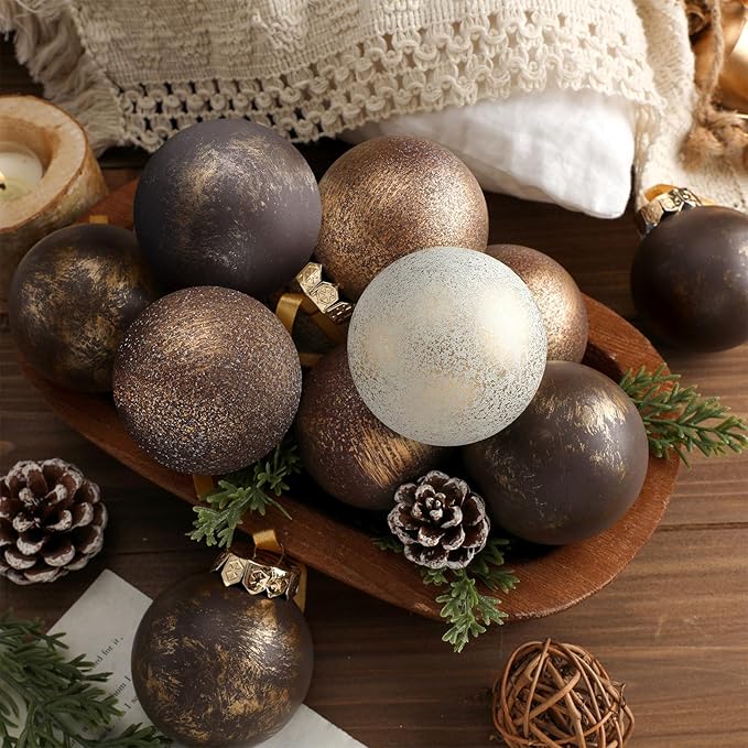 12 Pcs Neutral Textured Christmas Ball Ornaments 2.36'' Vintage Christmas Tree Decor Modern Rustic Brown Ornaments with Loop Shatterproof Hanging Ball for Xmas Farmhouse Decor (Dark Brown)