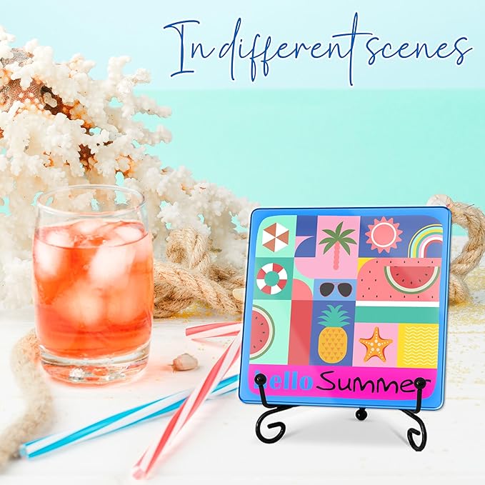 Hello Summer Acrylic Sign With A Metal Support - 4x4" Seasonal Abstract Summer Vibe Tabletop Acrylic Plaque - Home Desk Office Shelf Aesthetic Display Art Decoration & Favors For Women Men - A04