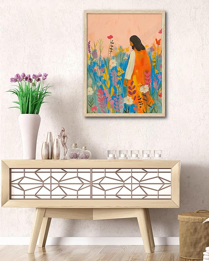 EcoHest Large 16x20in OAK Wood Framed Wall Art, Jesus Portrait with Bible Verse Theme, Christian Canvas, The Wildflowers Style, Modern Wall Decor for Bedroom Living Bathroom Religious Gift 1 Pack